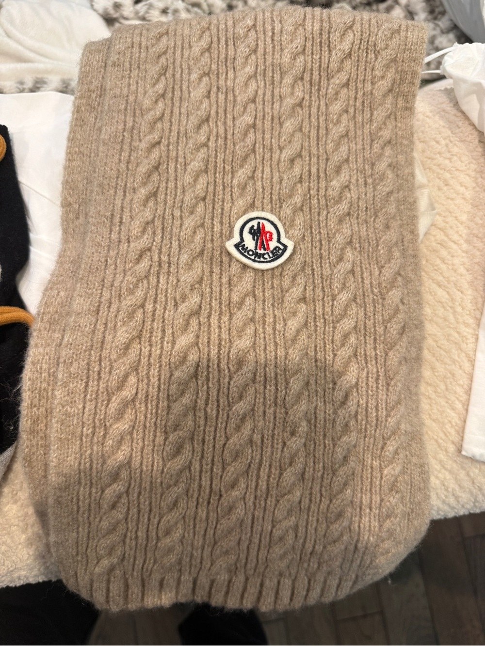Moncler Tan Ribbed Knit Scarf with Logo Tag - Picture 4 of 5